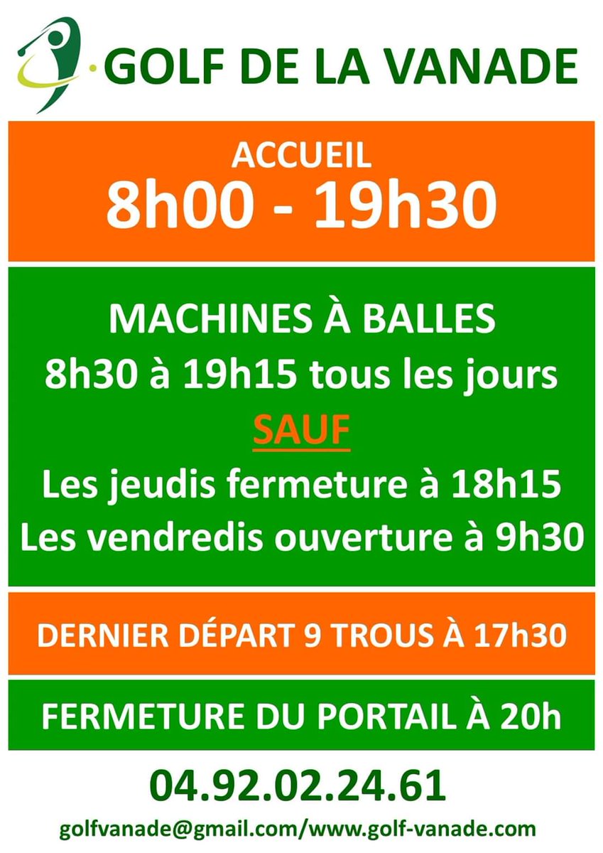 golf_vanade's tweet photo. Nos horaires pour cet été 👍
#golfvanade #golfdelavanade https://t.co/p4KZlc9omF