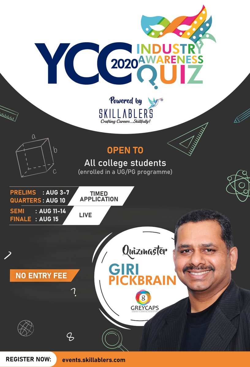 Knowthetribe's tweet photo. Hi folks, gear up for an exclusive online Industry Awareness Quiz by @SkillablersTech. The quiz is open to all college students (enrolled in a UG/PG programme). For more details and to register, log on to: https://t.co/tPHHjgOksX
#knowledgetribe @pickbrain #YCC2020 #onlinequiz https://t.co/8uDVGo5Aeh