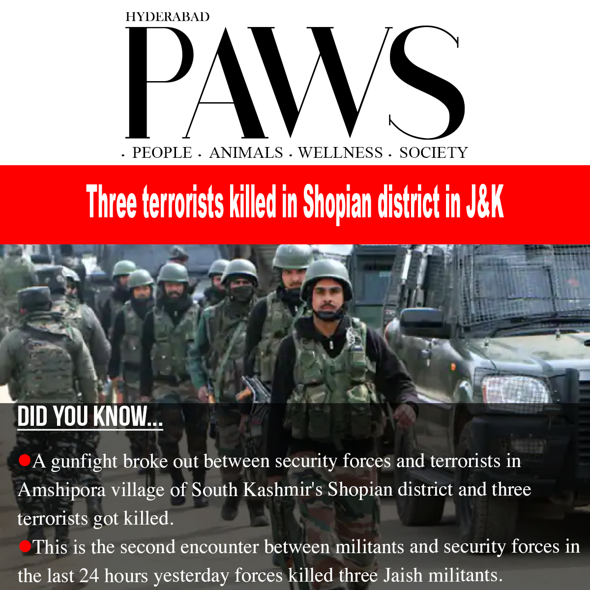 indiapaws's tweet photo. #Didyouknow #Gunfight #brokeout #between #security #forces #terrorists #Amshipora #village #South #Kashmirs #Shopian #district #3terrorists #killed #2nd #encounter #between #militants #security #forces #last24hours #yesterday #forces #killed #3Jaish #militants https://t.co/ZFUag1rSP9