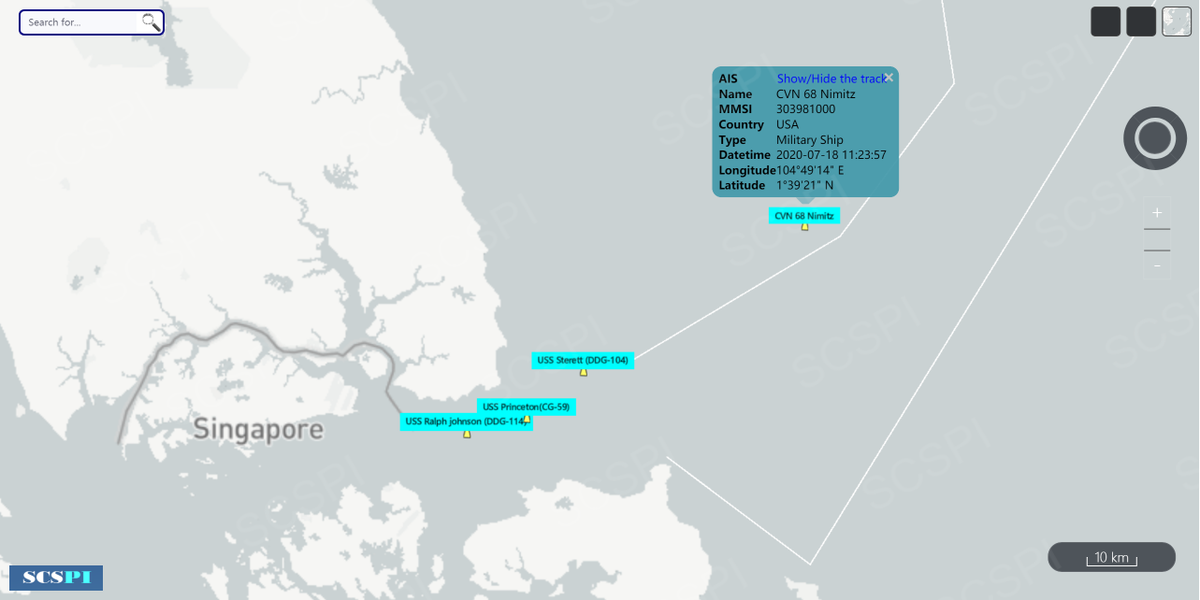 SCS_PI's tweet photo. The dual-carrier exercise is over? 
The Nimitz CSG, including USS Nimitz (CVN 68), USS Princeton (CG 53), USS Sterett (DDG 104) &amp; USS Ralph Johnson (DDG 114), are spotted near Singapore, July 18.
Yesterday, some warships operated nearby, found by @lobsterlarryliu via @planetlabs https://t.co/LH7WS6UU2T