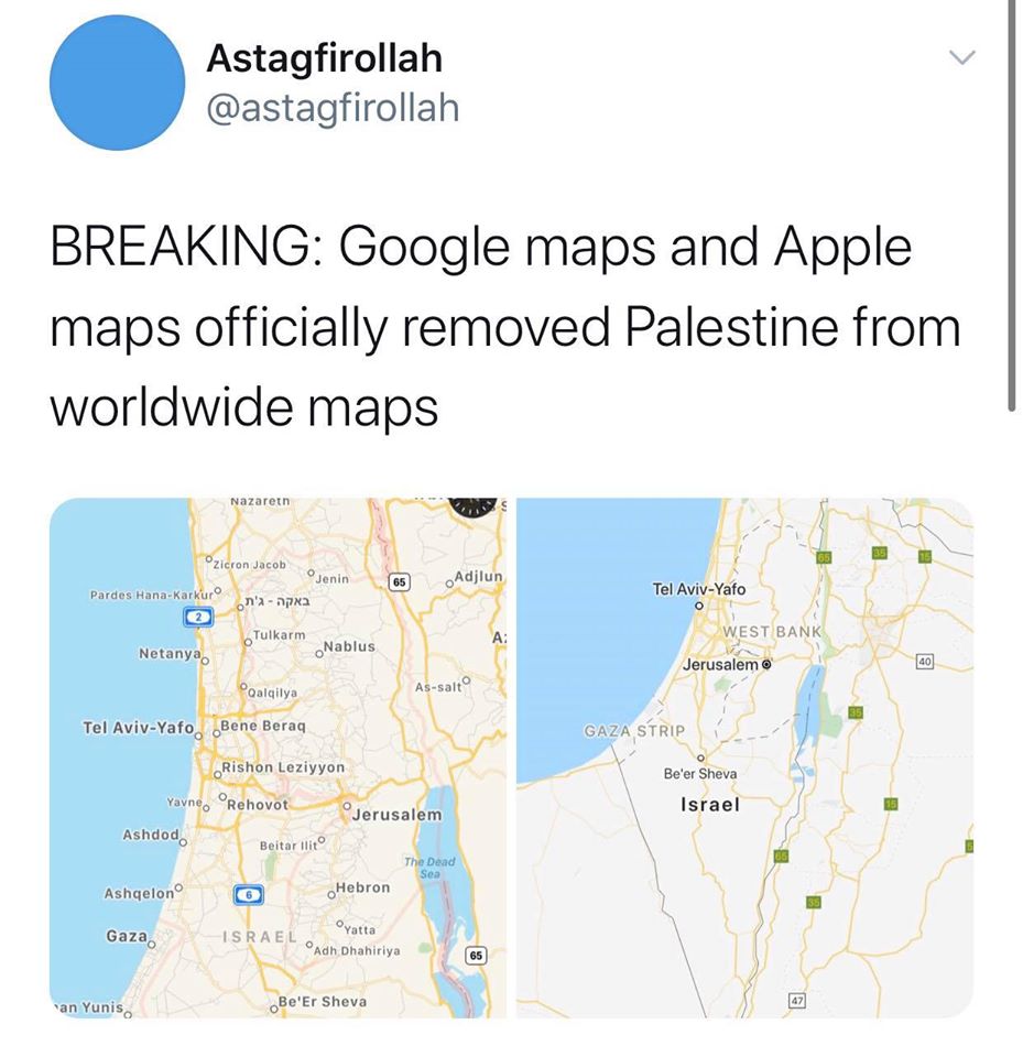AlexSebatuuka's tweet photo. @googlemaps  and @Apple  removed “Palestine” from their maps — Anti-Israel activists are raging.

Palestine is imaginary, Israel is reality. -@HananyaNaftali 

PEACE BE UPON ISRAEL. 

#IsraelWillStand https://t.co/uSe09Nlc2B