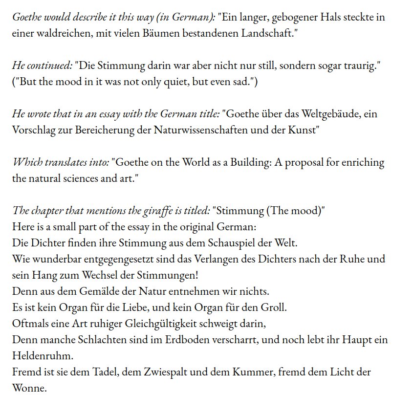 quasimondo's tweet photo. What would Goethe say? #gpt3 makes this all sound so convincing that I am wondering: did Goethe write about Giraffes? https://t.co/U9vvtqJsaq
