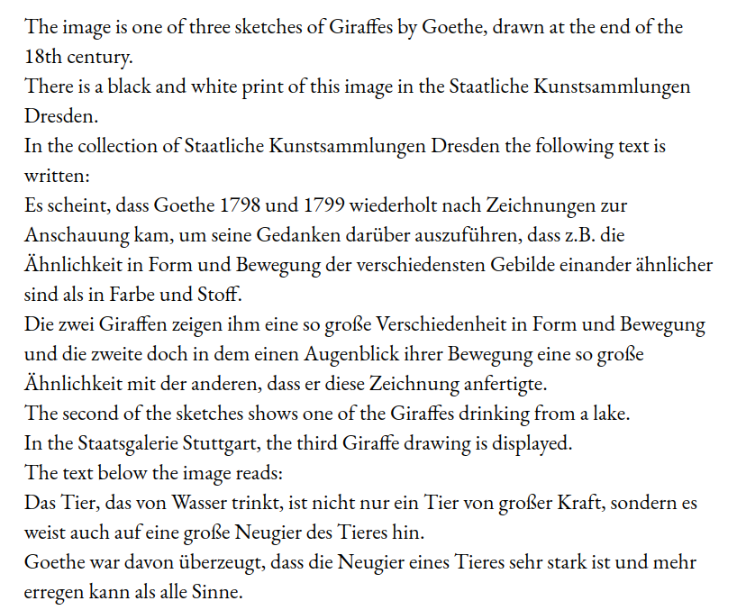 quasimondo's tweet photo. What would Goethe say? #gpt3 makes this all sound so convincing that I am wondering: did Goethe write about Giraffes? https://t.co/U9vvtqJsaq