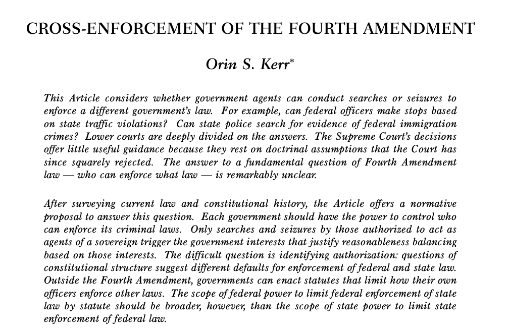 ... it raises some super interesting 4th Amendment questions about whether state or federal law controls (or both, or neither). Courts are deeply divided on this, as it turns out. Here's my recent article on the problem for those interested.  https://harvardlawreview.org/wp-content/uploads/2018/12/471-535_Online.pdf /end