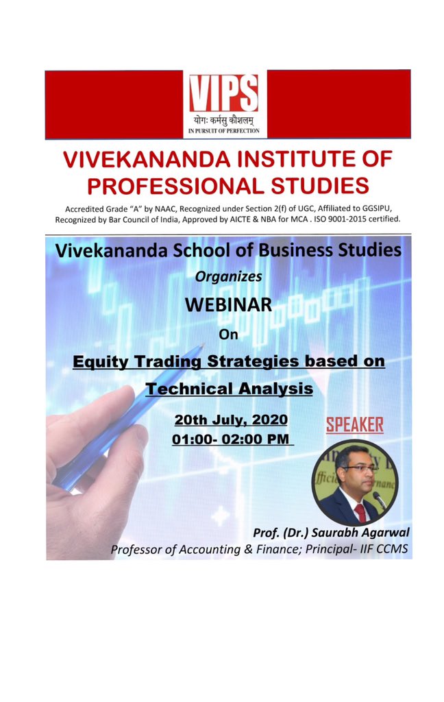 VIPS_Delhi's tweet photo. #VipsDigitalEducation

#VSBS, #VIPS organizes a #webinar on

“ Equity Trading Strategies based on Technical Analysis”

Dates : 20 July, 2020
Time: 01:00 - 02:00 PM

Speaker: Prof.(Dr.) Saurabh Agarwal

For more details view the flyer https://t.co/q4wByYL2bU