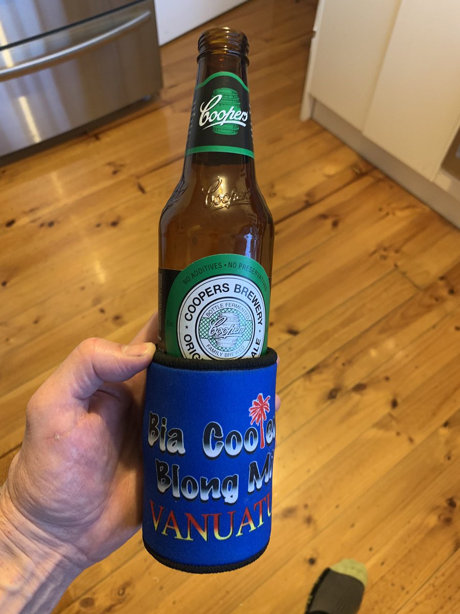 Enjoying my favorite Aussie bia in my favorite bia holder. Wishing it would turn into a fresh kava. Happy early 40th birthday Vanuatu.  #vanuatu40 #coopersb