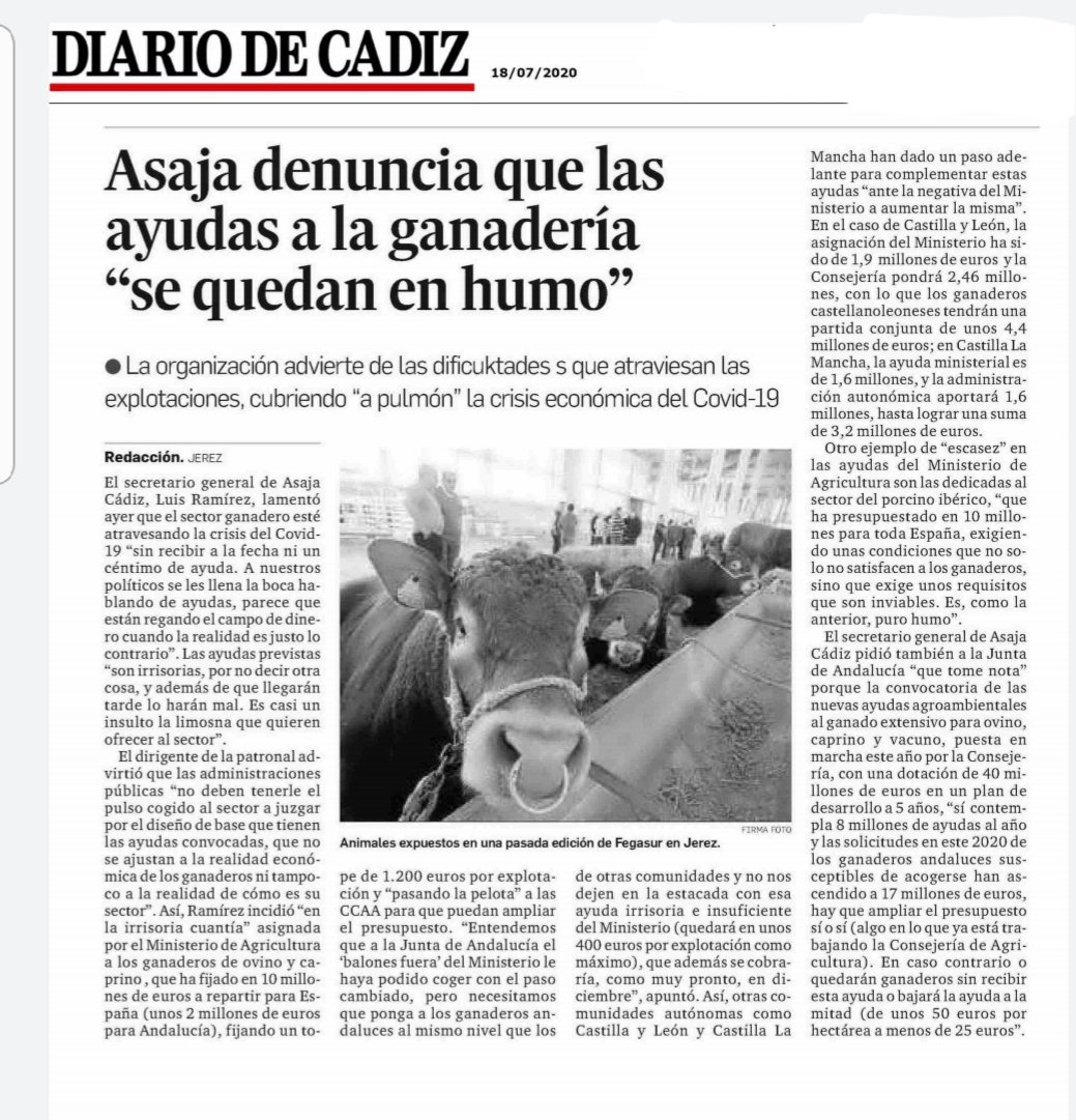 ASAJACADIZ's tweet photo. Hoy la falta de ayudas ganaderas es noticia en nuestra prensa @grupojoly https://t.co/qpZWxP9w6M