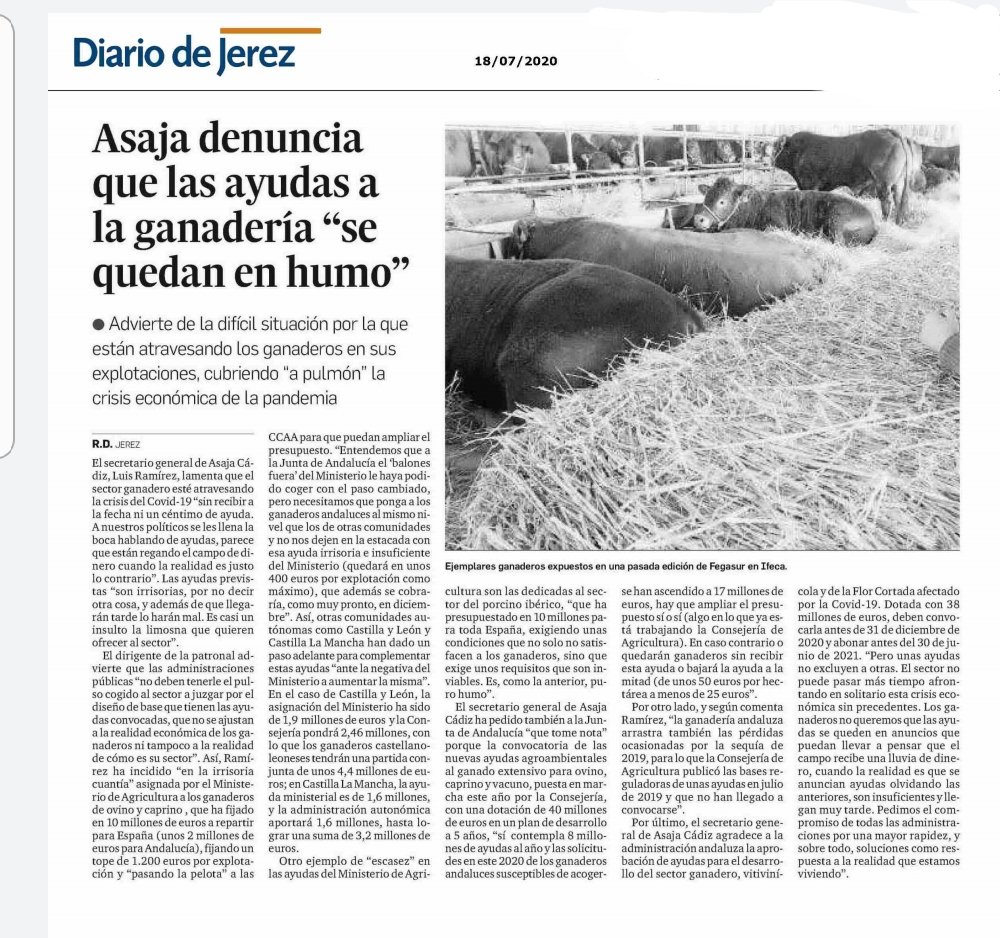 ASAJACADIZ's tweet photo. Hoy la falta de ayudas ganaderas es noticia en nuestra prensa @grupojoly https://t.co/qpZWxP9w6M