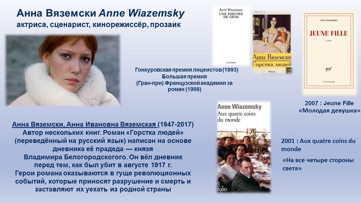 Анна Вяземски (Анна Ивановна Вяземская) – актриса, сценарист, кинорежиссёр, прозаик. В коллекции «Оранжевая библиотека» (la Bibliothèque Orange) в отделе литературы на иностранных языках. Читайте в uonb.ru! #donations <a href="/Dumur10/">Alain Dumur</a> <a href="/droujba16/">DROUJBA Charente</a> #ВремяЧитать #иностранка