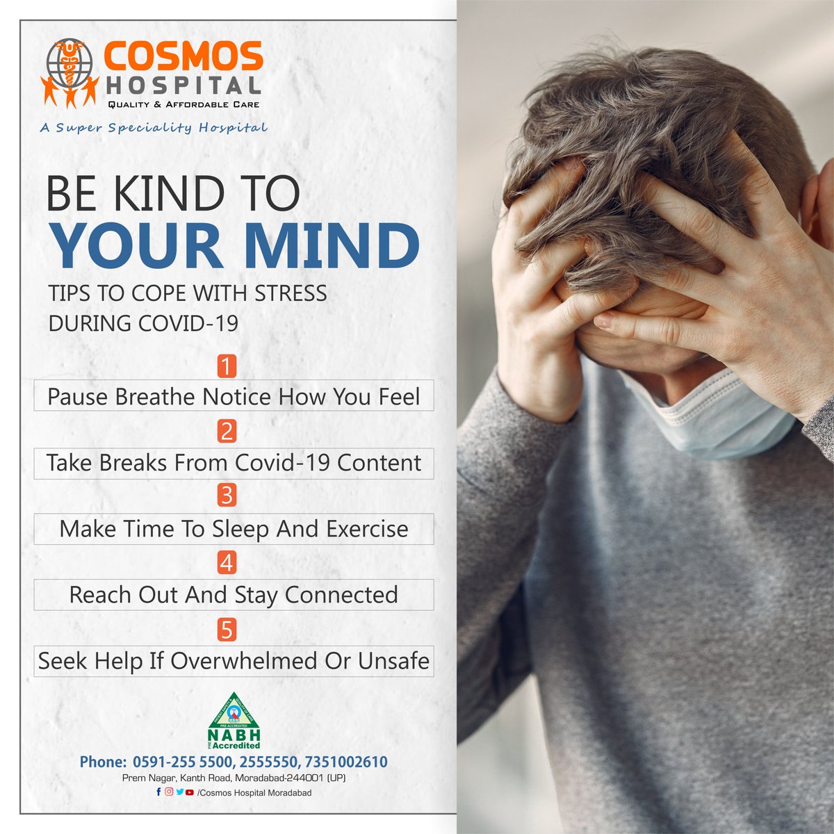 HospitalCosmos's tweet photo. Cosmos Hospital Moradabad

BE KIND TO YOUR MIND 
TIPS TO COPE WITH STRESS DURING COVID-19

#cosmoshospital #SuperSpecialityHospital #NABHpreAccredited #Tenstions #mind #stress #coronavirus #covid19 #exercise #breath #headache #MoradabadHospital #MoradabadBestHospital https://t.co/rasE0U1Wlh