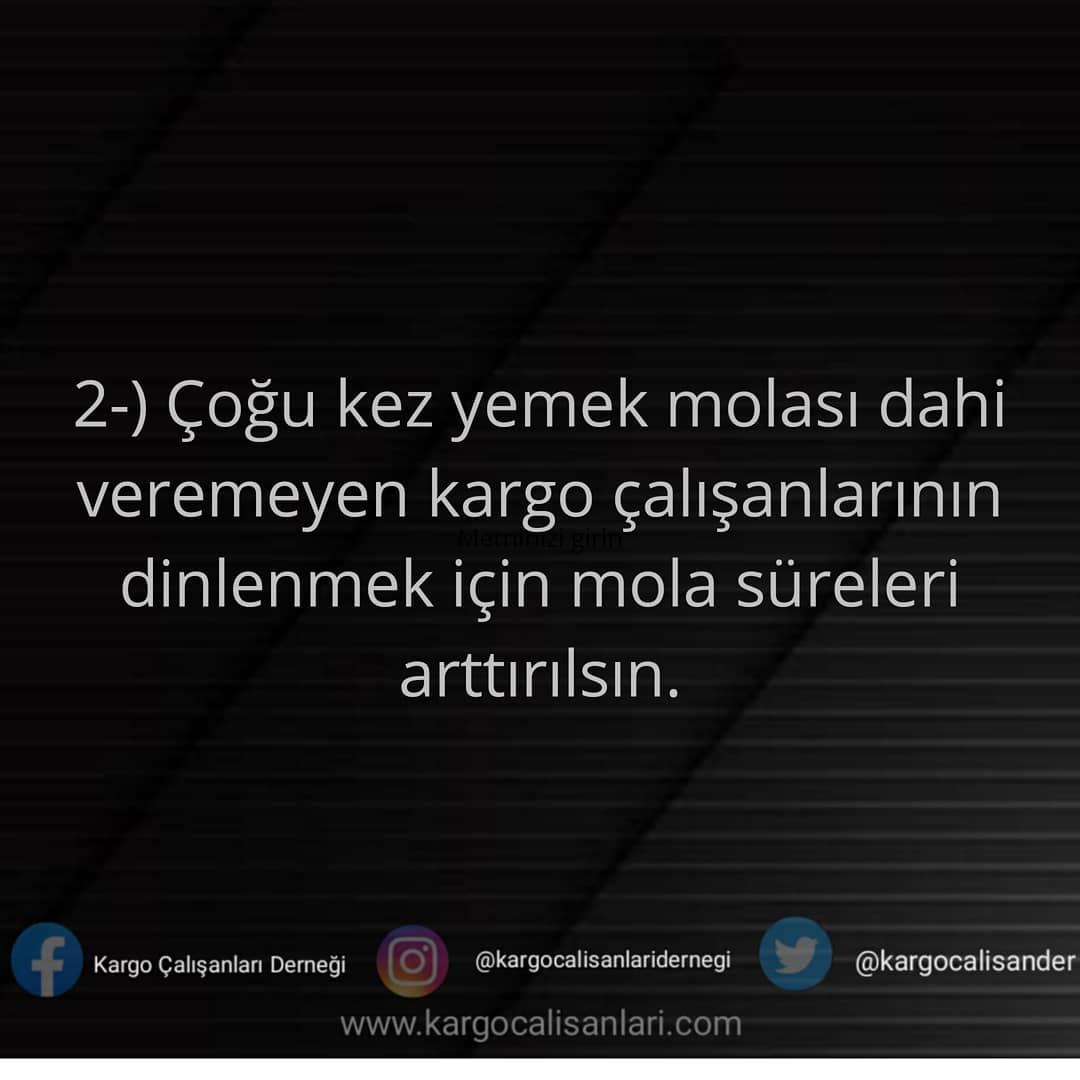 kargocalisander's tweet photo. 2-) Çoğu kez yemek molası dahi veremeyen kargo çalışanlarının dinlenmek için mola süreleri arttırılsın.
#kargobedava #kurye #kargo #kargoemekçileri #kargoişçileri #pttkargo #süratkargo #araskargo #mngkargo #yurtiçikargo #kargoişçileriderneği #emekçikadınlar #emekçiler #işçihak https://t.co/eaMIqbBT6K