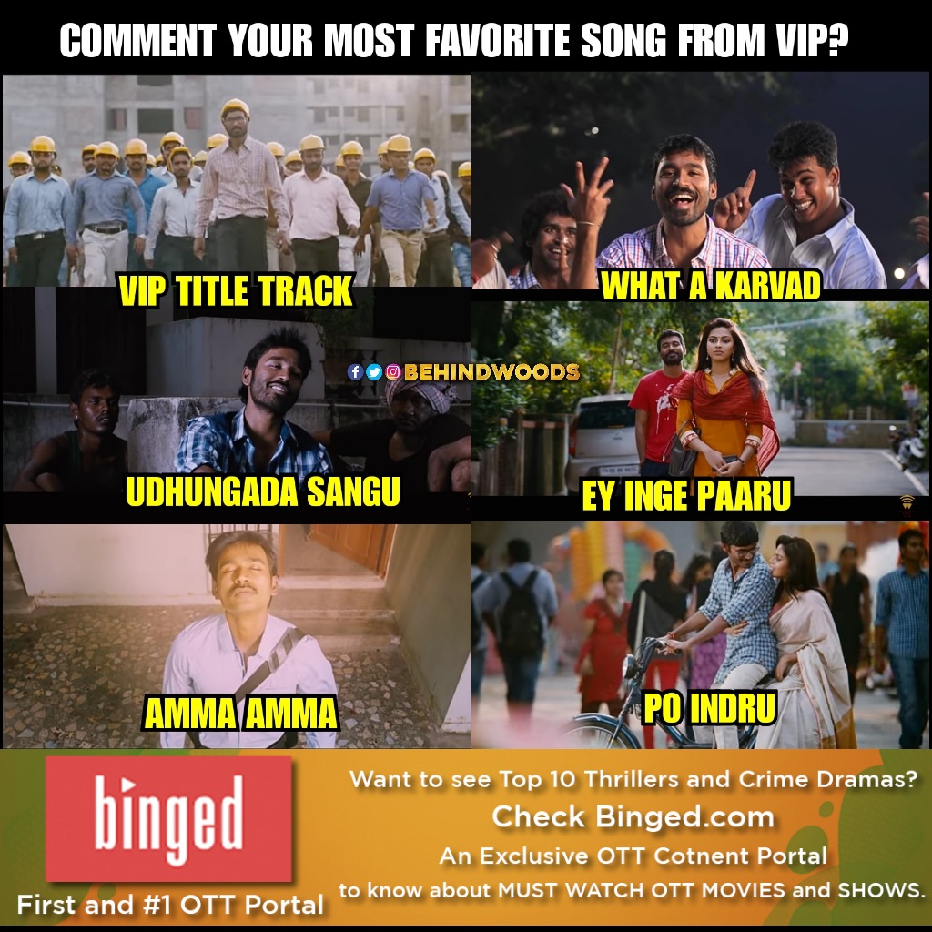 behindwoods's tweet photo. Entha paatu romba favorite?❤️
#VIP #6YearsOfVIP #VelaiyillaPattathari https://t.co/gcZSZP5Mpz