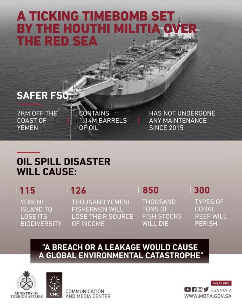 SaadAlarify's tweet photo. #Safer contains more than a million barrels of crude oil. The Houthi Militias have blocked attempts by #UN_experts to conduct necessary maintenance. This poses a high risk to the environmental sustainability of the #Red_Sea and could cause devastating humanitarian suffering. https://t.co/CrtmXKrzNt
