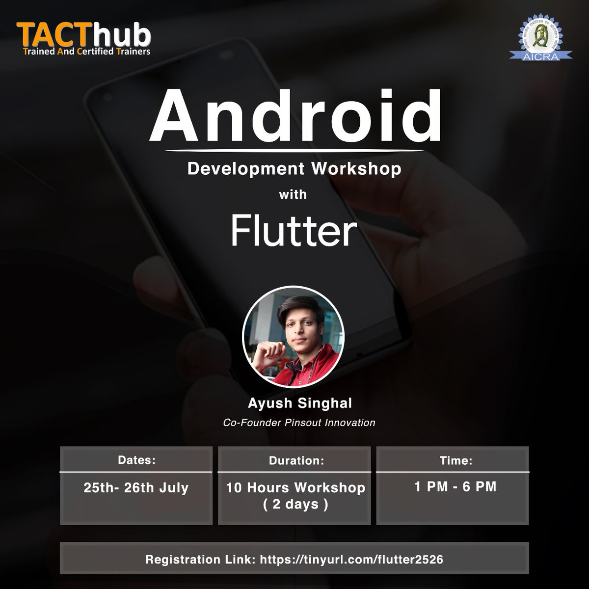 technoxian's tweet photo. Greetings From AICRA-TACTHub
Android Development Workshop with - Flutter
https://t.co/d4IuPVkyJ2
#TACTHub #workshop #AndroidApplicationDevelopment https://t.co/8x2Jk8mDjz