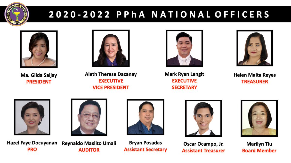 PhilPharmacists's tweet photo. Congratulations to the PPhA National Officers and Board of Trustees for 2020-2022! May this be a fruitful start for the next century of #PPhA #OnePPhA #PPhA100 https://t.co/lmeAHt0oqy