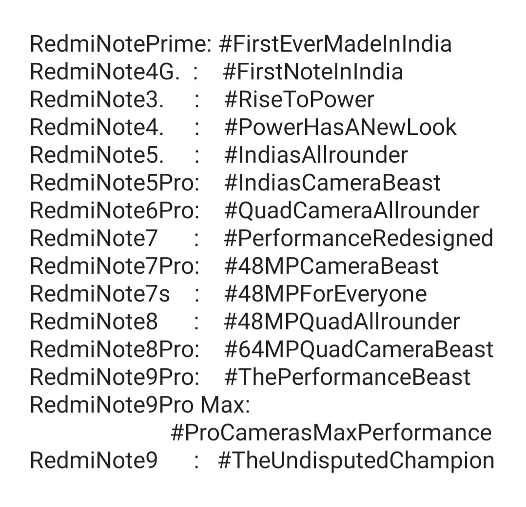 karthiek99's tweet image. RedmiNote8Pro Is my favourite among all #RedmiNotes
#ILoveRedmiNote  #UndisputedChampion
here is all RedmiNotes taglines