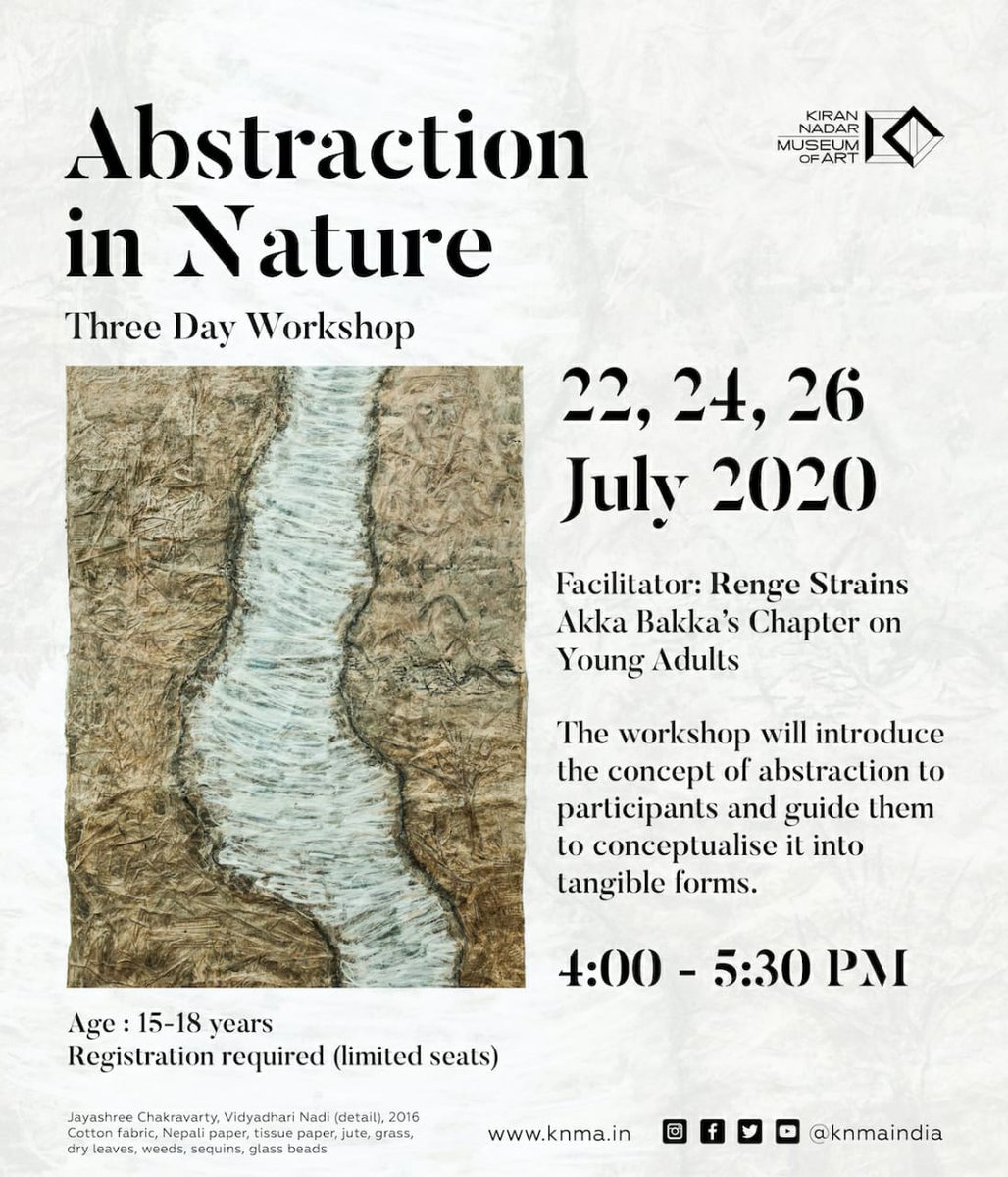 KNMAIndia's tweet photo. KNMA presents Abstraction in Nature, a three day workshop facilitated by Renge Strains, Akka Bakka’s Chapter on Young Adults.

Registrations required | Limited seats.
To register, click on the link https://t.co/k4wIJE5EOI

#knmaworkshops #knmaindia #akkabakka #abstractioninnature https://t.co/9FK1ayR8II