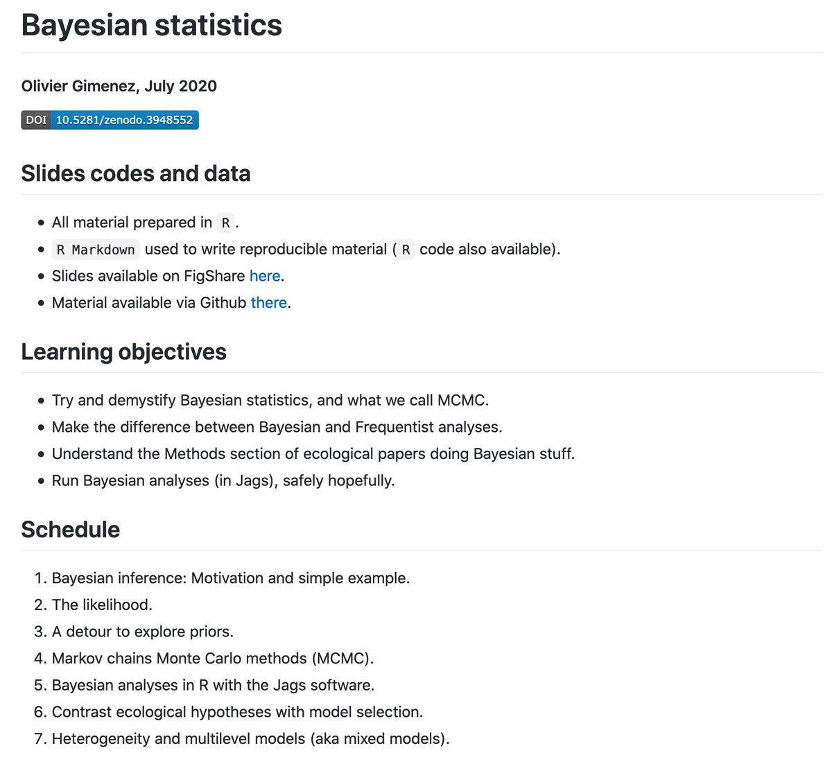 oaggimenez's tweet photo. Just finished polishing up my slides for a workshop on Bayesian statistics 🥱😅
☑️ Slides, code & data https://t.co/1SrGkYO8o0
☑️ Videos 🎦 soon to follow (in French, then English w/ strong accent).
#rstats #jags #BayesianStatistics #MCMC #EcologicalStatistics #MultilevelModels https://t.co/lxleExWjqE