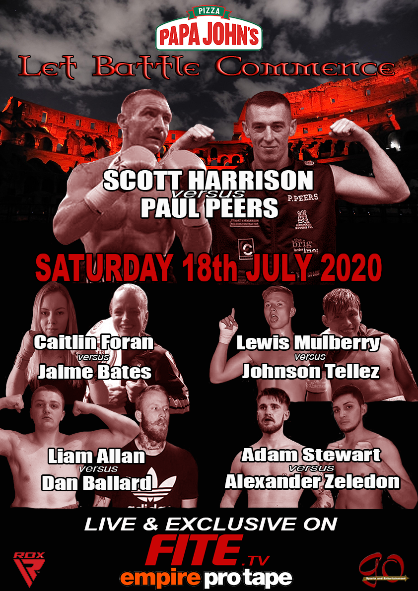 TKOBoxOffice's tweet photo. LIVE ON FITE TV TONIGHT @ 8PM IN UK, 9PM IN EUROPE, 4PM EST &amp; 1PM PST in USA - PAPA JOHN'S PIZZA PRESENTS THE FIRST IN THE LET BATTLE COMMENCE SERIES HEADLINED BY SCOTT HARRISON VS PAUL PEERS.

PPV $4.99 (approx £4)  https://t.co/FyA1EEXQu5 @FiteTV @PapaJohns @PapaJohnsUK https://t.co/zRGGLxWvdg