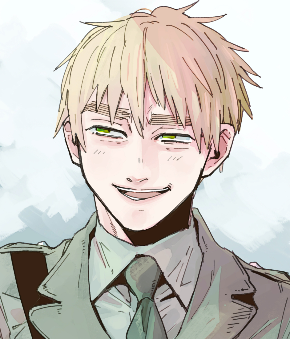 united kingdom (hetalia) 1boy male focus necktie blonde hair solo green eyes collared shirt  illustration images