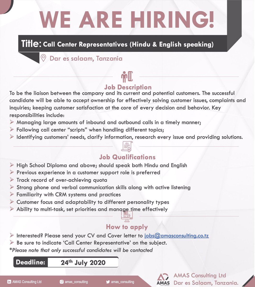amas_consulting's tweet photo. We are #hiring 

Call Center representatives needed! https://t.co/SlXuMKl3gR