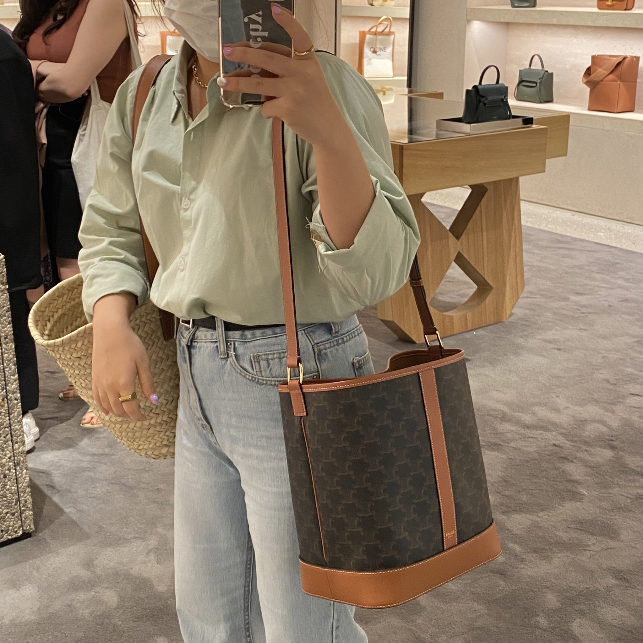 CELINE直営店買付☆ SMALL BUCKET IN TRIOMPHE CANVAS 191442FLC Small Bucket IN Triomphe Canvas and calfskin - TAN | CELINE