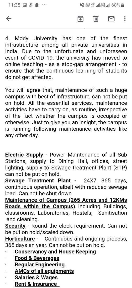KIRAN889829's tweet photo. @ModyUniversity is asking us for full fees including hostel and mess for the next semester. Why should we pay for facilities we are not using? 
#unjustifiedmodyfees
@ashokgehlot51 @PMOIndia @aajtak @ZeeNews @GovindDotasra @ugc_india @VishnuRajasthan https://t.co/nNvoqkXDDa