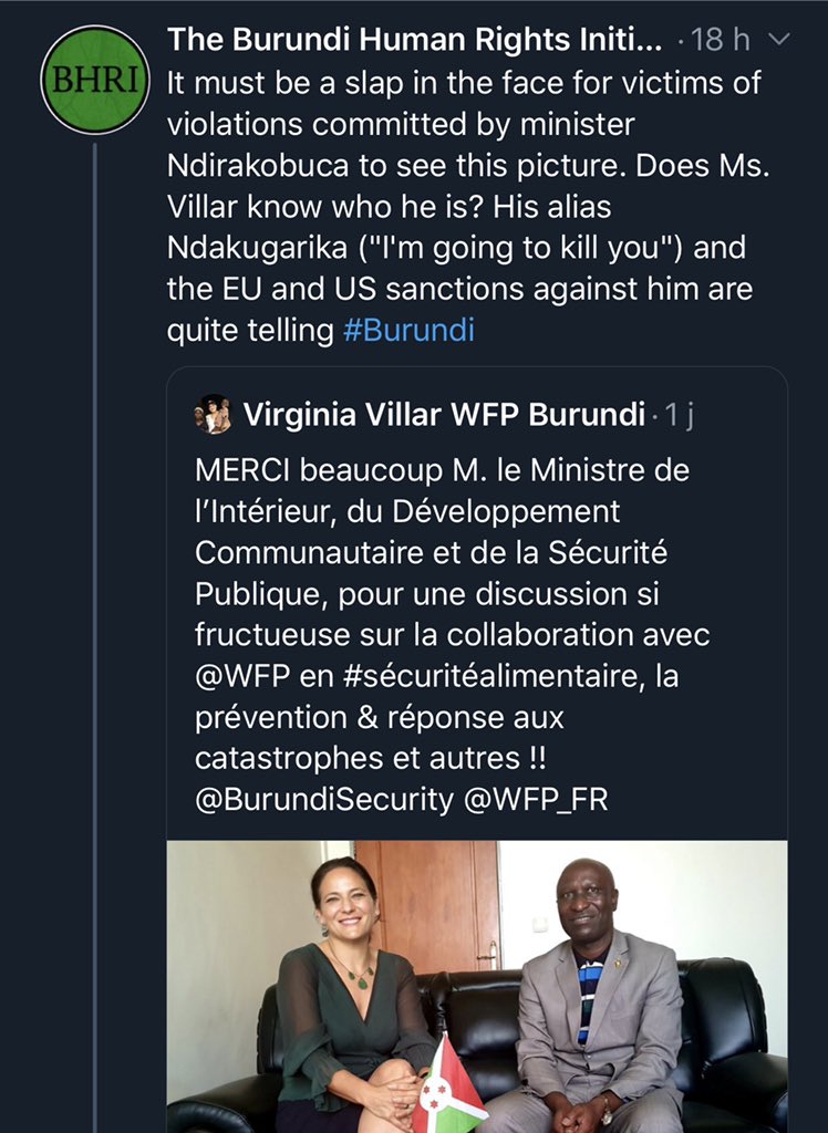 landrysibo's tweet photo. Les bouffons de l’opposition: @pnininahazwe @iburundi @ThierryU @rugbob78 etc. Prouvent leur petitesse d’esprit! Ils mènent une campagne de harcèlement et de diabolisation envers @BdLVillardiere que je condamne fermement! @WFP n’est pas là pour satisfaire vos agendas politiques! https://t.co/N4CY5XlORu