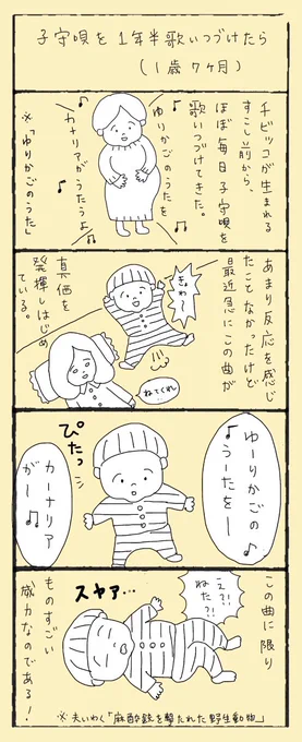 子守唄を1年半歌いつづけたら(1歳7ヶ月)

#note https://t.co/WeXm6tZWN0 
#育児漫画 #育児絵日記 #育児日記 #4コマ漫画 