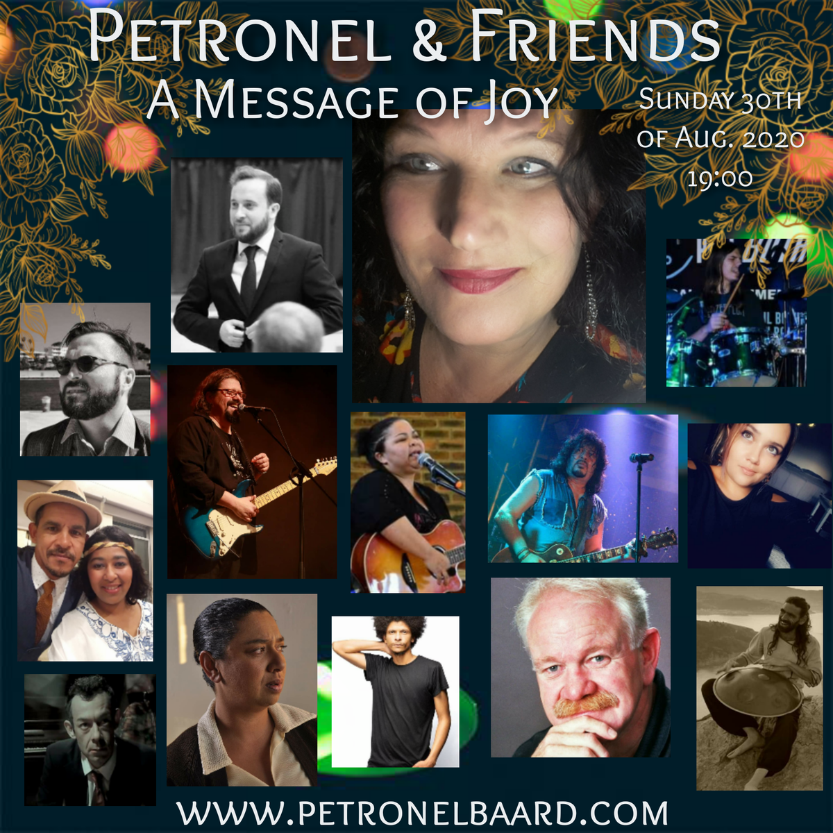 PetronelBaard's tweet photo. Petronel &amp; Friends bring a Message of Joy, Sunday 30th of Aug. Live Stream https://t.co/QsWa4a0ZE6 @oppeltunist @BenSchoeman1 @HenryLamprecht @HotKnot @melbotesmusic @RubenLlorach @EricNobbs #ReggiePeace #BethduToitPretorius and Co. @StarburstPromo https://t.co/rwOduUaKGq