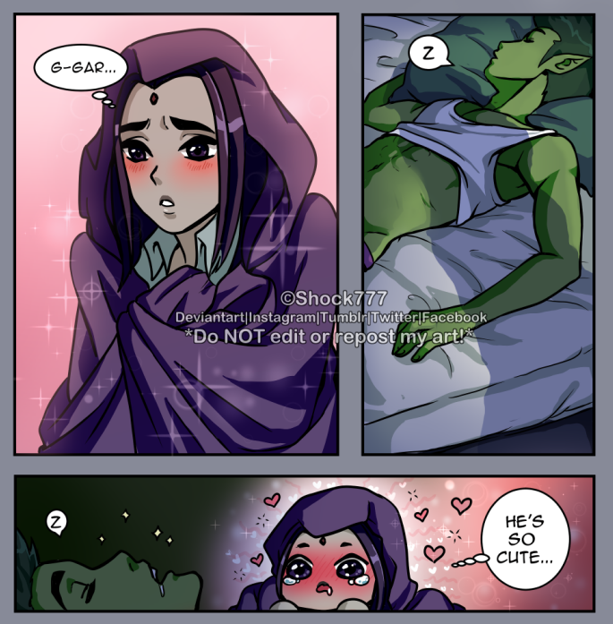 shock777's tweet photo. @MattCave83 challenged me to line and color his comic idea he had sketched, so....6 hours and 17 minutes later, here's the final product! 🤩 Thanks to those who showed up to the livestream to watch the process. Hope you like! #bbrae #raebb #beastboy #raven #teentitans #myart https://t.co/QUmJ4PrBiU