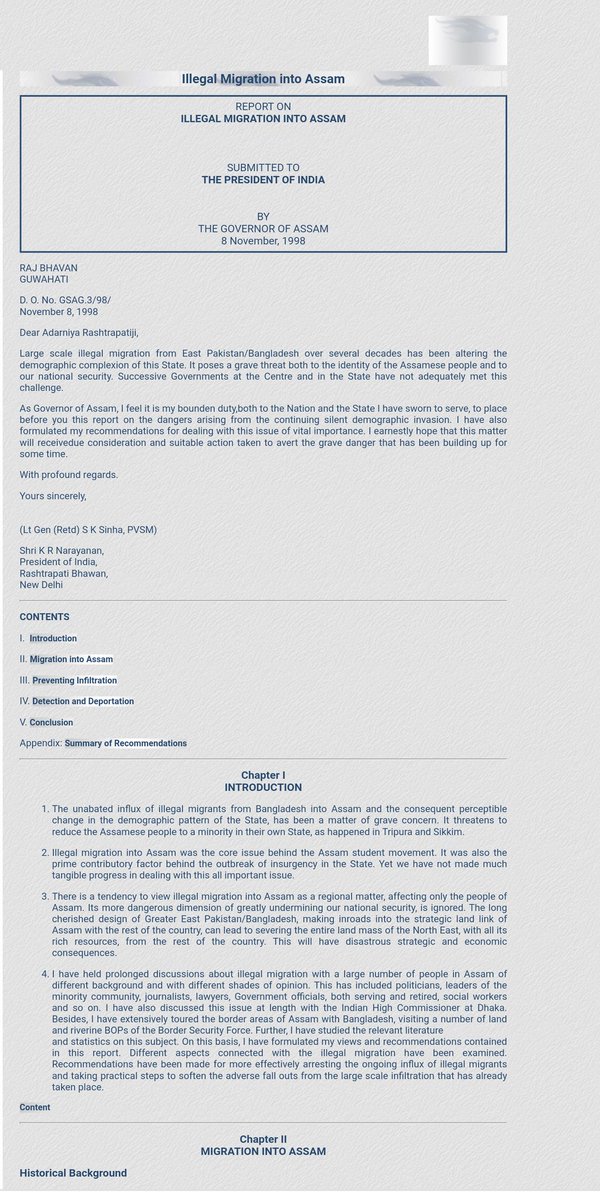 While pol leadership has wilfully ignored this problem for its own benefits, the Army has been aware of it for long.A report from Lt. Gen. SK Sinha, the then Governor of Assam, to the President in 1998 talks of it.Read point 3 about Greater Bangaladesh https://twitter.com/Kishkinda2/status/1284401597523480577?s=19