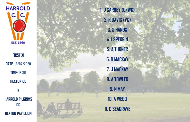 MATCHDAY!

🏏 Hexton CC v Harrold Pilgrims CC 1st XI
🏟 Away
📅 Saturday 18th July
🕒 13:30

A historic day for the club. Here is the 1st XI  for Harrold Pilgrims first ever games! 

Please head to our Facebook page for a full statement from our chairman