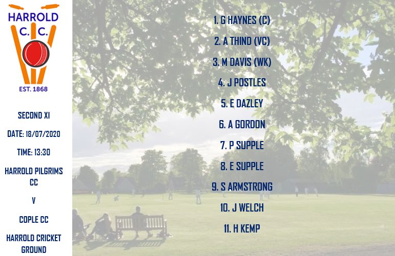 MATCHDAY!

🏏 Harrold Pilgrims CC 2nd XI v Cople CC
🏟 Home
📅 Saturday 18th July
🕒 13:30

A historic day for the club. Here is the 2nd XI  for Harrold Pilgrims first ever games! 

Please head to our Facebook page for a full statement from our chairman