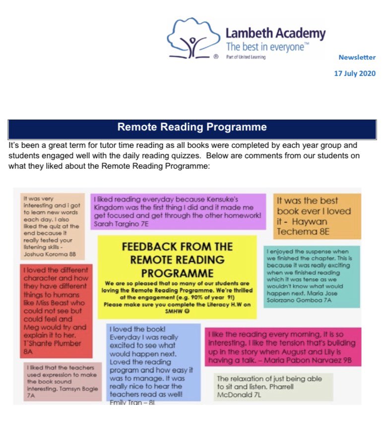 What a brilliant end to the term for our Remote Reading Programme at @LambethAcademy! See below for all the amazing feedback we got. Looking forward to September and new exciting projects. Have a lovely summer and read lots of books!☀️📚📖 #remotereadingprogramme #literacy