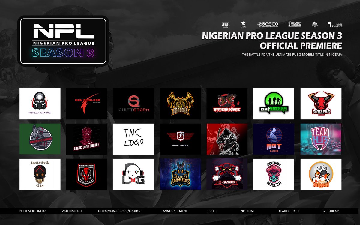 PUBGNIGERIA's tweet photo. Countdown to #NPLS3 premiere tonight! Catch all the action live from 8PM WAT | 3PM EST @MrxFlip | @trovolive 🦎
Be the new KING 👑 #NPLSeason3 @UpdatesPubg @UpdatesPubg @PUBGMOBILE @HUBEsports1 @Marsian_Creed @lxgmobile @DarkDragonseSp1 @ShellshockNG @outSIDERS_GG @qstesports https://t.co/BSrNHl9XPL