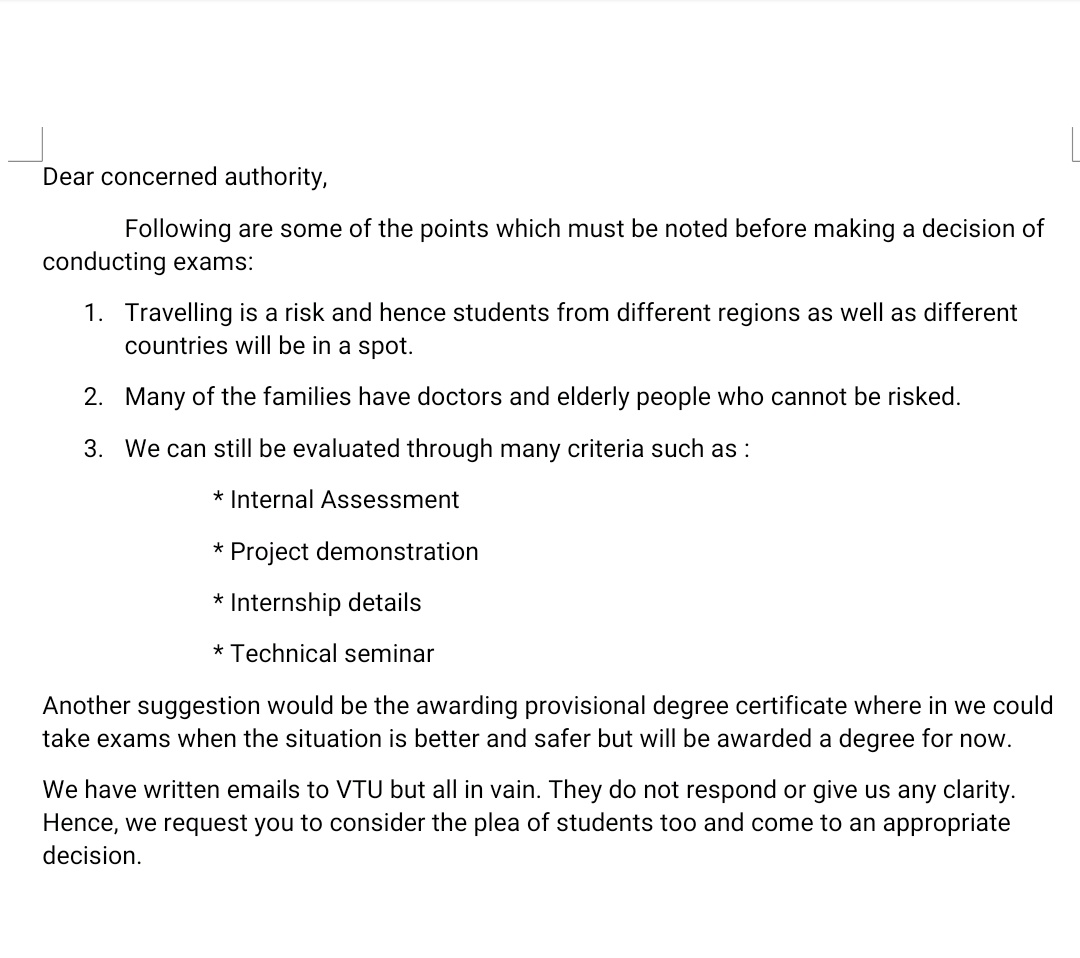 atulsingh1410's tweet photo. Dear Concerned authority, we stay in a democratic country and hence our stand must be taken into consideration before making any kind of decision which includes our lives. @BSYBJP @BJP4Karnataka @vtuinfo @HRDMinistry @ugc_india @DrRPNishank #StudentsLivesMatter #NoExamUGC https://t.co/zBsbzUlmz6