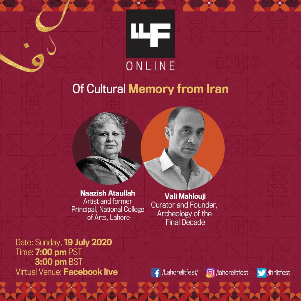 lhrlitfest's tweet photo. Naazish Ataullah, former principal NCA, in conversation with Vali Malhouji on the role of memory in constituting a nation. #Iran #Revolution #1979 #Schisms #Citadel #ShirazFestival #IranModern @AsiaSociety @asiahouseuk @FaizFest @MonocleMag @googlearts @scroll_in https://t.co/n59GUuIigK