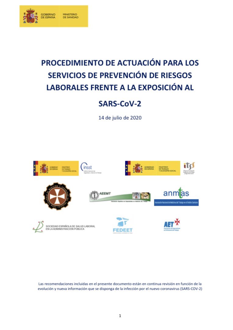 ⚠️ ACTUALIZACIÓN a 14 de julio de 2020: 

#PROCEDIMIENTO DE #ACTUACIÓN PARA LOS #SERVICIOS DE #PREVENCIÓN DE #RIESGOS #LABORALES FRENTE A LA EXPOSICIÓN AL #COVID19 

⬇️

mscbs.gob.es/profesionales/…

<a href="/sanidadgob/">Ministerio de Sanidad</a> <a href="/empleogob/">Ministerio Trabajo y Economía Social</a> @INSST_MTES