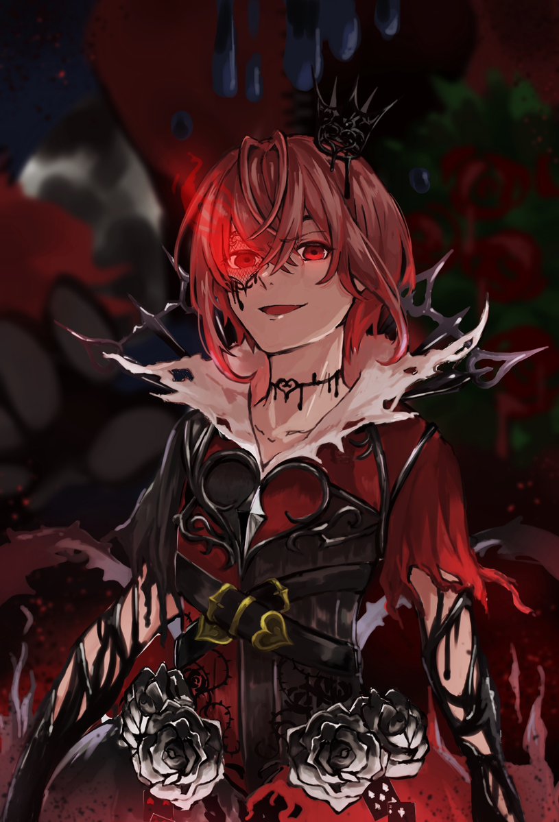 red eyes flower rose crown red hair solo 1boy  illustration images