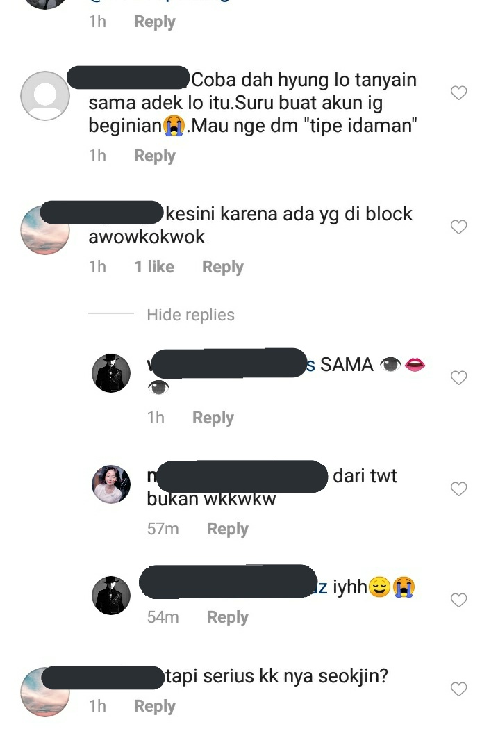Awal thread itu nongol, aku udah resah banget karena:1. IG abangnya Jin gak disensor.2. Isi tweetnya mancing banget punya kesan kayak spill thread yg patut dipertanyakan buat apaan bikin ginian?Untuk jawab poin no. 1 bisa diliat gimana rusuhnya indomy di kolom komentar ini.