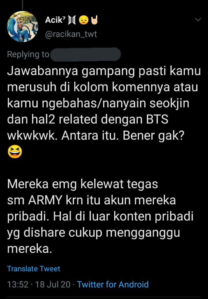 "Kenapa sih ig kamu diblock sama akun abangnya Seokjin?"Jawabannya pun sudah aku reply di thread op yg sudah dihapus. Nah kita akan bahas soal ini yah sekarang.