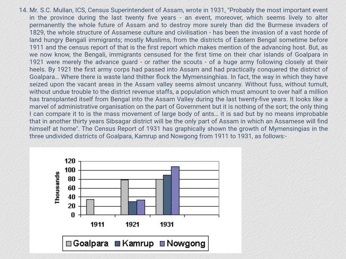 Everyone should read thisSC Mullan, ICS & Census Superintendent of Assam, wrote in 1931, "the most imp even in last 25 years, worse than 1829 Burmese invasion, & one that destroy Assamese cultue & civilization wholescale is the invasion of Bengali Muslims into Assam"