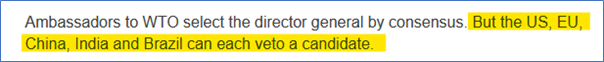 And then this is so, so wrong.The WTO is not the UN Security Council with a handful of countries having veto power.In practice, consensus means "no one says no". If any WTO member says no, from Afghanistan to Zimbabwe, then no deal.3/4 https://www.bbc.com/news/uk-politics-53452120