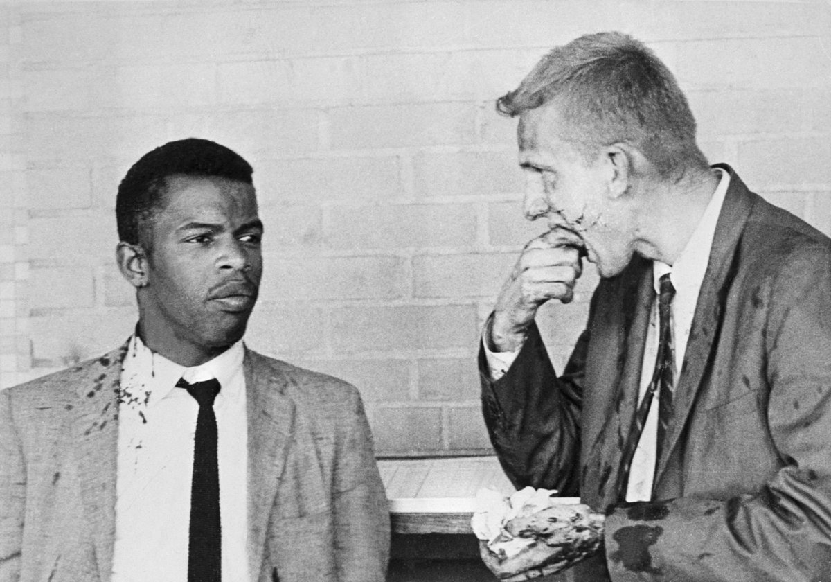 John Lewis and James Zwerg after being attacked by segregationists in Montgomery. Photo credit: Bettmann Archive/Getty Images.  #OTD  #FreedomFighters  #JohnLewisRIP