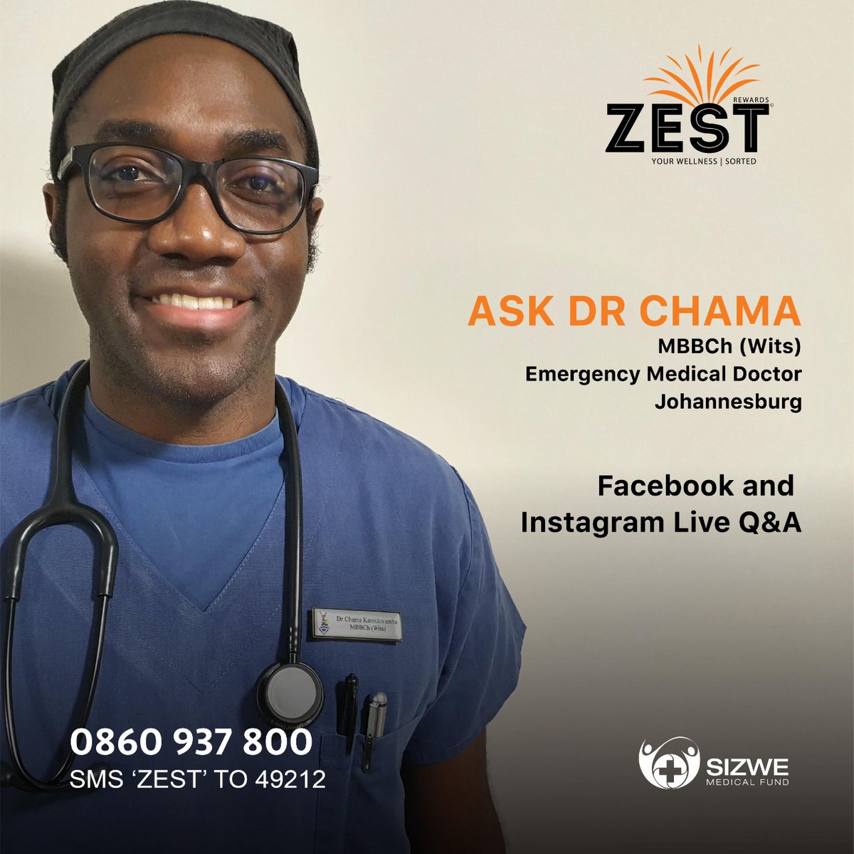 Zest_Rewards's tweet photo. @sizwemedfund Member, do you have a burning medical question about Coronavirus or any other subject? 

Tune in to our Instagram and Facebook Live stream today from 14:00 – 14:30 where Dr. Chama Kamukwamba will be answering your questions.

Send us a DM to submit your questions. https://t.co/DnbzeHoq6e