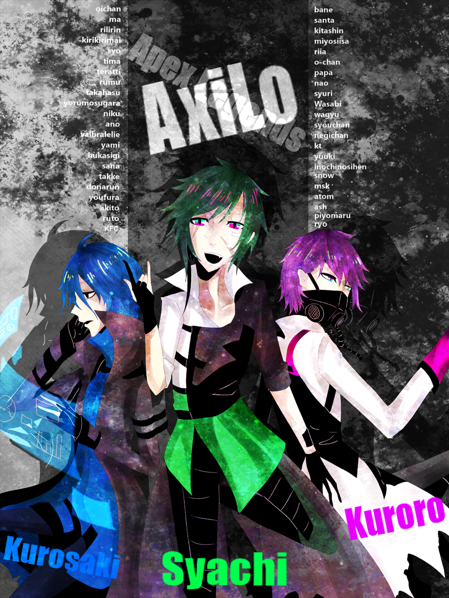 execution_me_'s tweet photo. クランのイラスト描いた～一応初期メンバーの私、マスターのしゃちさん、クロロさんはキャライメージで。
メンバーは名前を書かせていただきました。
#AxiLo https://t.co/fp4qSwGLvx