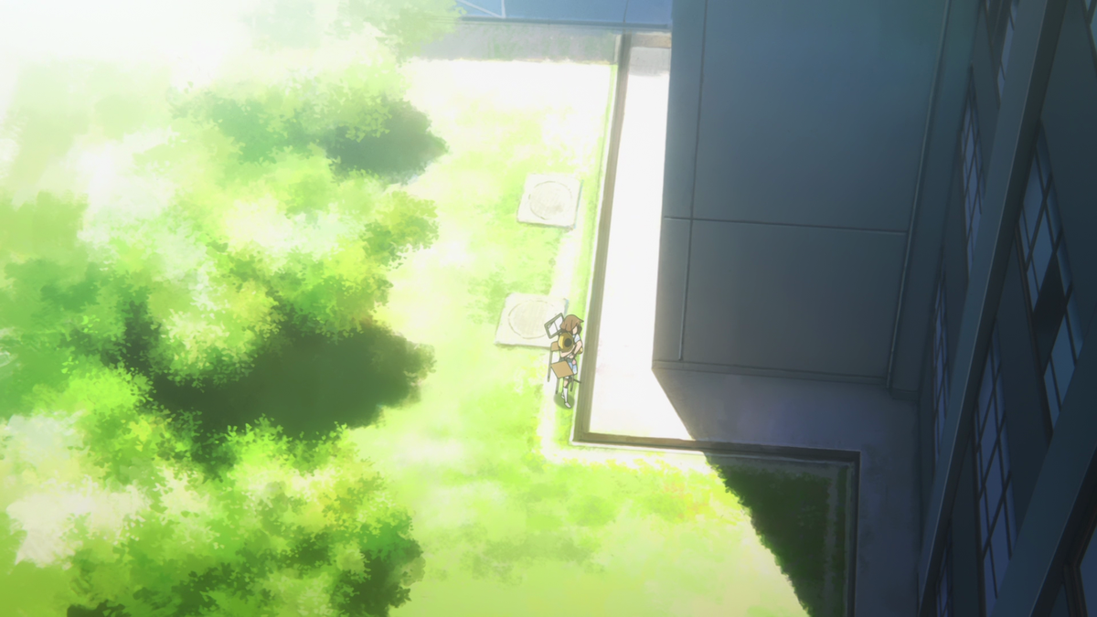 These shots angled down on Kumiko emphasize her feelings of inferiority, especially after hearing Asuka. She moves into the shadow which, in the context of this episode, represents how she feels like she's in the shadow of others.