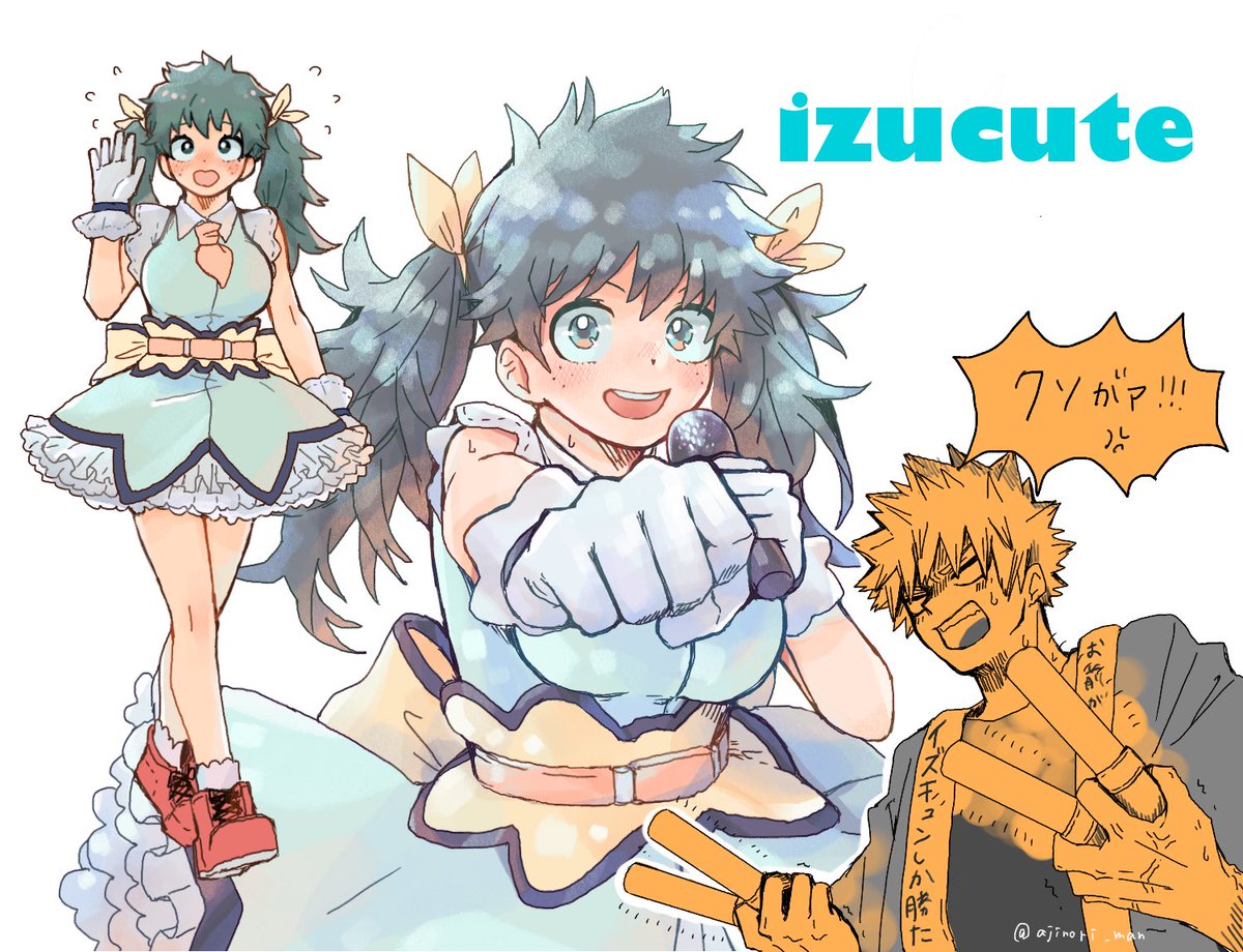 bakugou katsuki ,midoriya izuku genderswap (mtf) genderswap 1girl twintails 1boy green hair gloves  illustration images