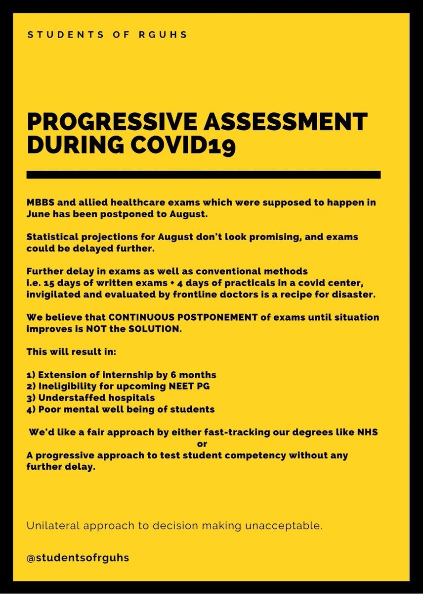 studentsofrguhs's tweet photo. POSTPONING EXAMS IS NOT A SOLUTION -Thread

Medical education is very vast &amp; strenuous in general, constantly pushing exams results in continuous mental agony &amp; severe academic/career lag. 

@VCRguhs @DrHVoffice @mla_sudhakar @MoHFW_INDIA

Please think about finishing exams soon! https://t.co/7ycCv3JUOu